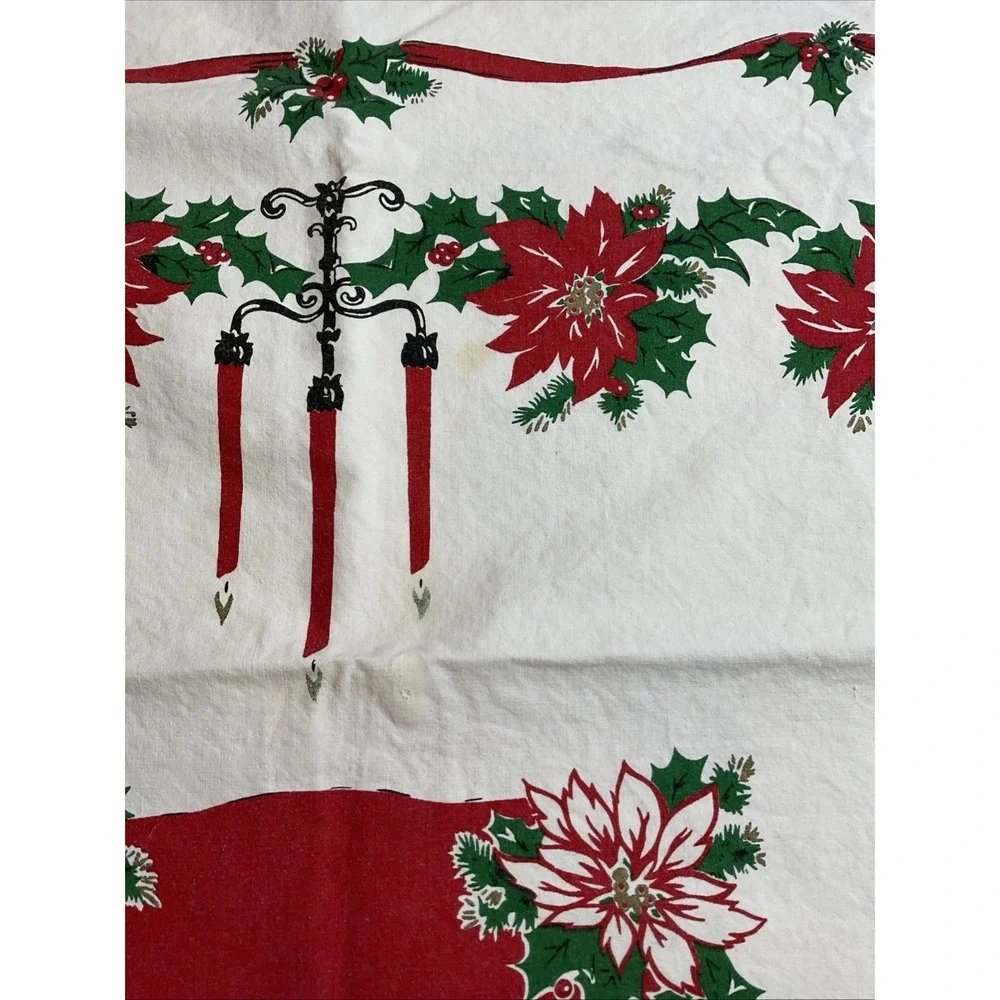 Vintage 100%‎ Cotton Christmas Tablecloth Poinsettia Holly 62 X 48 Retro Holiday